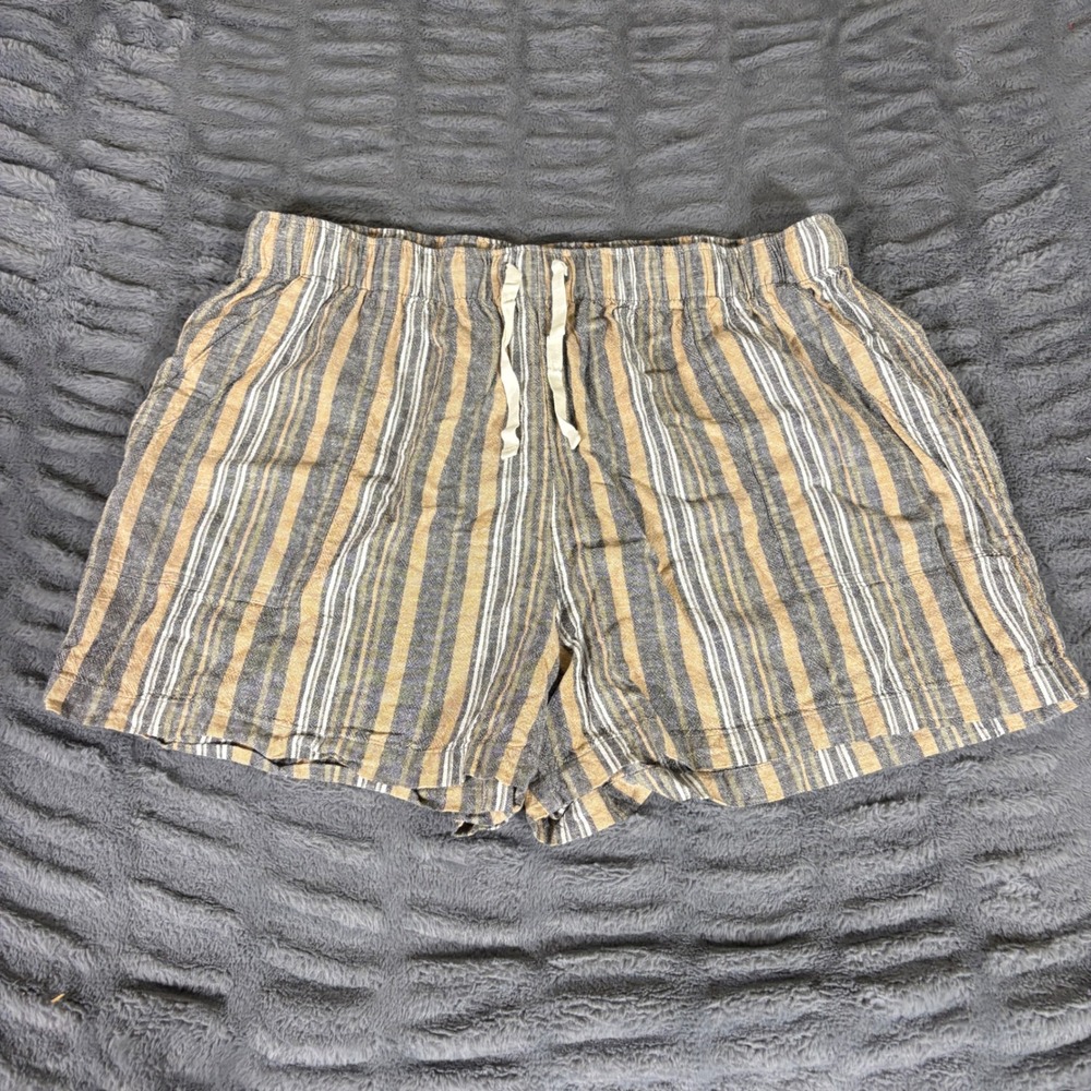 Lucky Brand Women XL Linen Blend Striped Shorts Mustard Gray Elastic Waist AT164